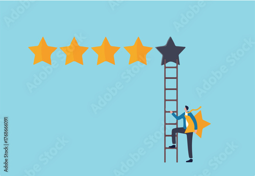 5 stars rating review high quality and good business reputation, customer feedback or credit score, evaluation rank concept, businessman holding 5th star climb up ladder to put on best rating.