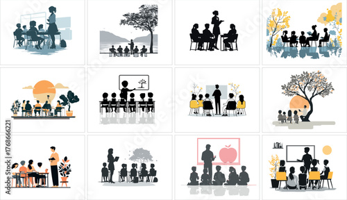 Group of students in class with teacher isolated on white background