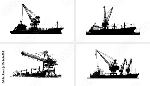 Silhouette of cargo ships and cranes isolated on white background