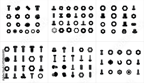 Collection of bolts and nuts isolated on white background