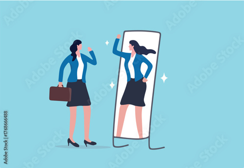 Self confidence and self esteem, motivation to success, positive thinking to boost confident and believe in yourself concept, businesswoman look at her strong confidence reflection in the mirror.