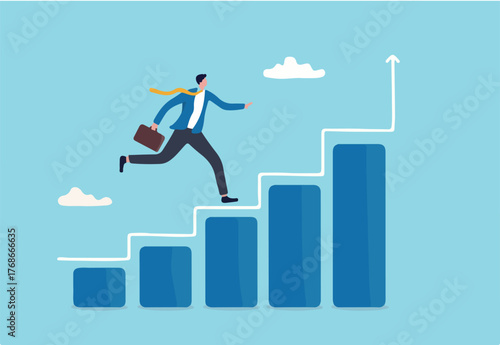 Progress or improvement to success, step forward to grow business, journey to achieve goal, ambition or career path concept, businessman walk up growth chart and graph with stair to success.