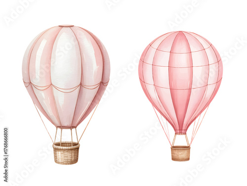 Watercolor pink hot air balloon illustration for baby girl nursery wall art.