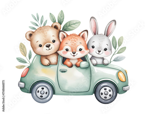 Watercolor cute animals riding in a green car illustration for kids nursery decor. Safari animals riding a car vector watercolor illustration.