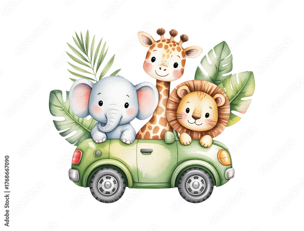 Fototapeta premium Watercolor cute animals riding in a green car illustration for kids nursery decor. Safari animals riding a car vector watercolor illustration.