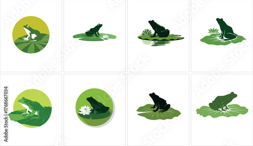 Collection of frog on lily pad isolated on white background illustration