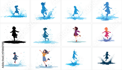 Collection of girls jumping in puddles isolated on white background