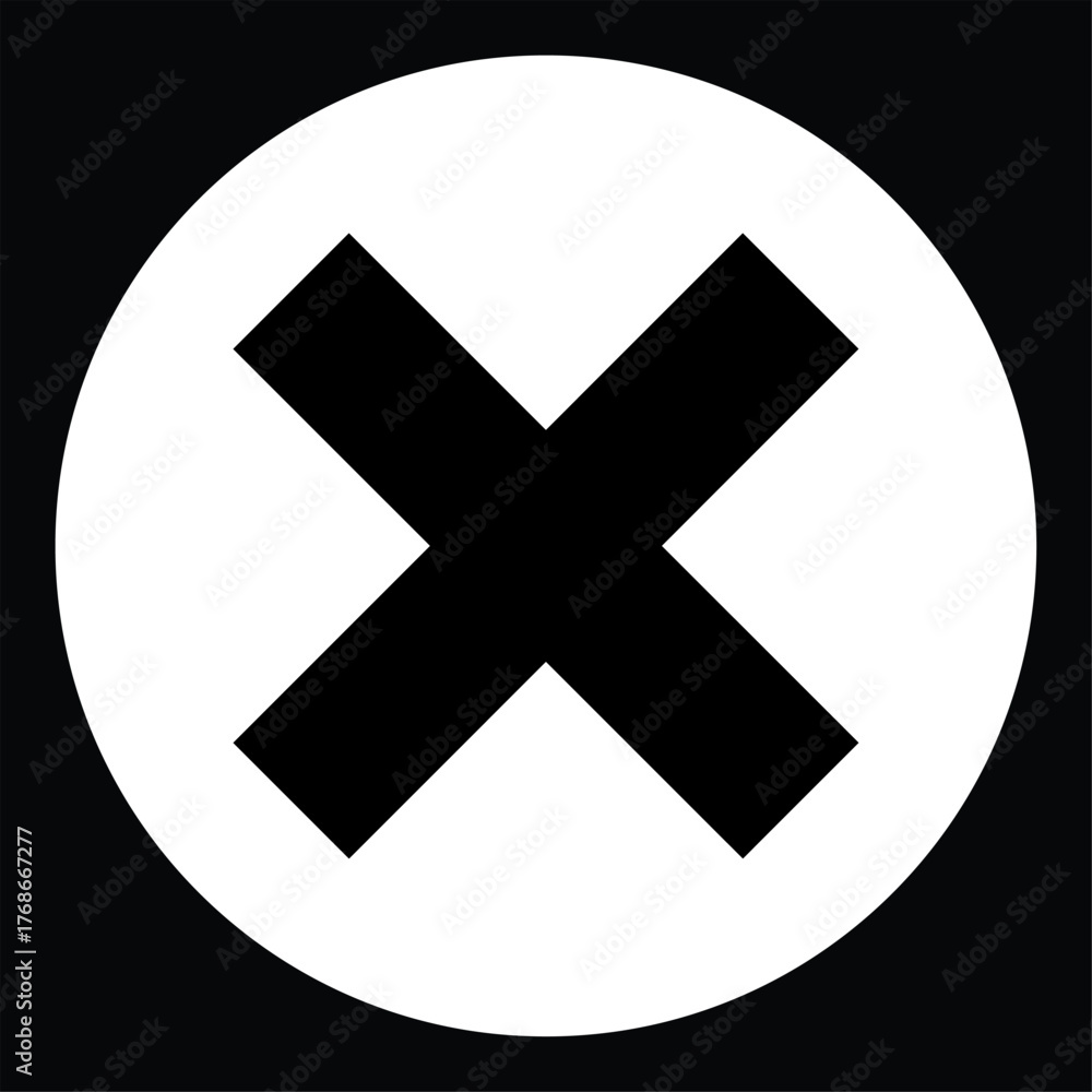 Fototapeta premium Black Cross Mark In a White Circle Simple Vector Icon Isolated on Black Background For Draphic Design And User Interface