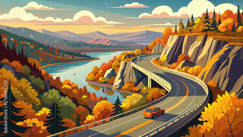 Very beautiful scenic fall drive along Hawk’s Nest Highway in New York, overlooking the winding Delaware River, surrounded by colorful autumn foliage, rocky cliffs, and golden sunlight reflections.