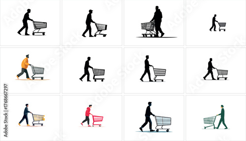 Collection of shopper silhouettes pushing cart isolated on white background