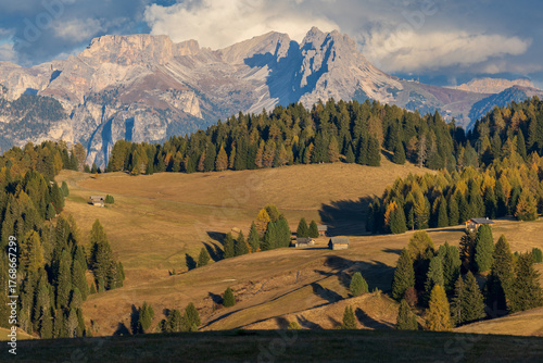 Autumn afternoon on Alpe di Siusi in the Italian Dolomites - with colorful larches and huts on an alpine meadow before sunset