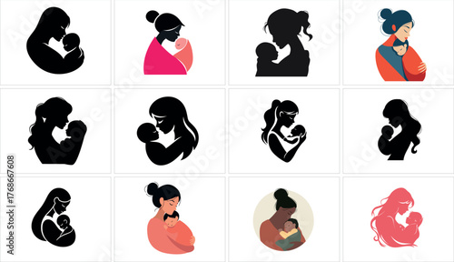 Collection of mother and baby illustrations isolated on white background
