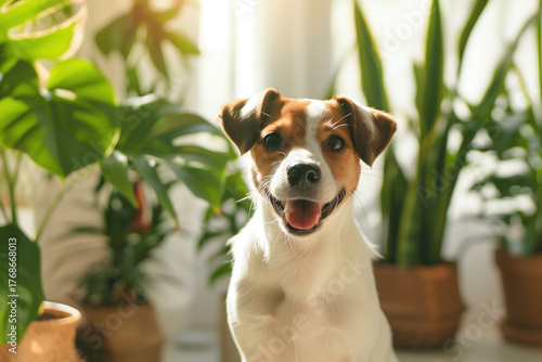 Happy jack russell terrier dog amongst lush green houseplants