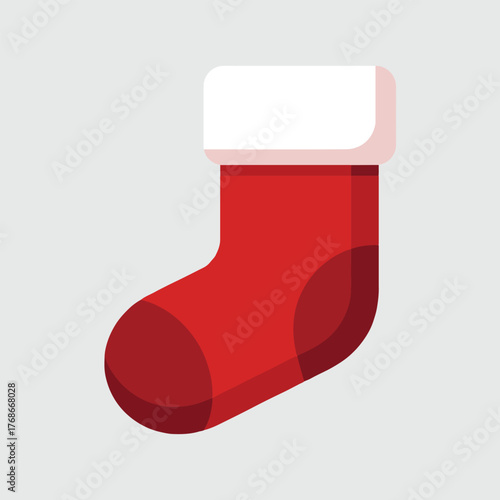 A simple graphic illustration of a red christmas stocking with a white fluffy cuff on a gray background