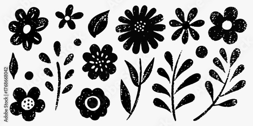 Collection of hand drawn black floral elements and leaves with textured grunge effect