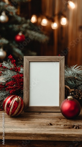 Cozy Christmas mockup with blank wooden frame surrounded by festive red ornaments, pine branches, and soft warm bokeh lights in rustic setting