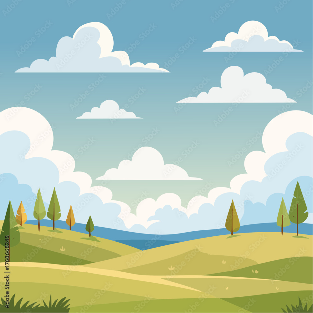 Fototapeta premium Bouffée d'air pur, ciel bleu, jolis nuages, vallée, prairie, nature, extérieur, coloré, illustration, aucun humain