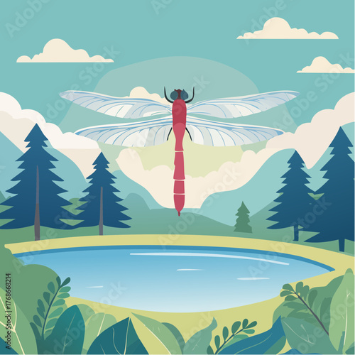 Magnifique libellule en pleine nature verdoyante, lac, plein air