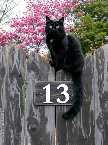 Superstition - Black Cat Sitting on a Garden Fence above the House Number 13
