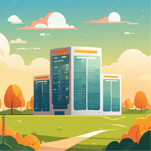 'Datacenter' futuriste, centre de données, vue extérieur, bâtiment, couleurs chaudes