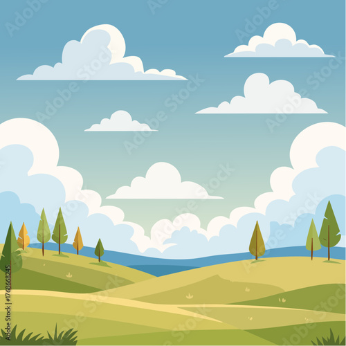 Bouffée d'air pur, ciel bleu, jolis nuages, vallée, prairie, nature, extérieur, coloré, illustration, aucun humain
