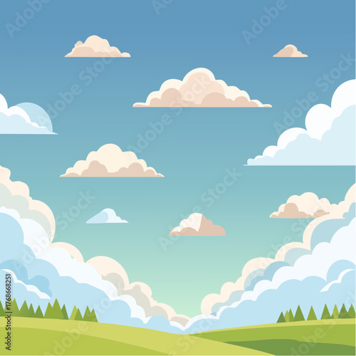 Bouffée d'air pur, ciel bleu, jolis nuages, vallée, prairie, nature, extérieur, coloré, illustration, aucun humain