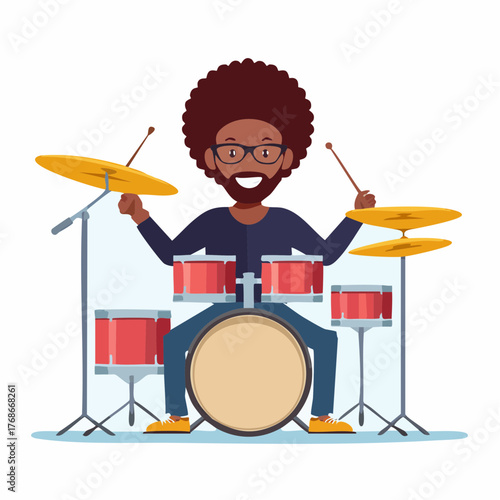 Musicien souriant coupe Afro, joue de la batterie, isolé sur fond blanc, illustration, design plat