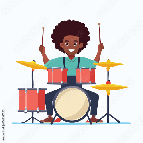 Musicien souriant coupe Afro, joue de la batterie, isolé sur fond blanc, illustration, design plat