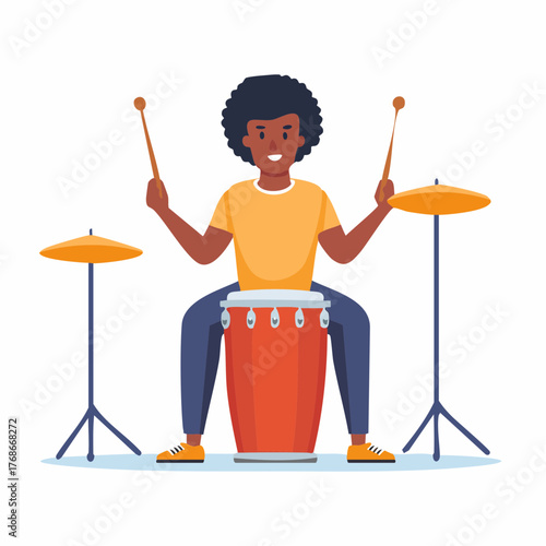 Percussionniste, musicien noir, coupe Afro, isolé sur fond blanc, congas 