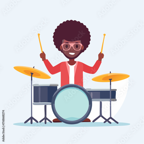 Musicien souriant coupe Afro, joue de la batterie, isolé sur fond blanc, illustration, design plat