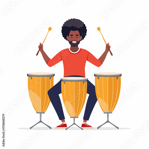 Percussionniste, musicien noir, coupe Afro, isolé sur fond blanc, congas 