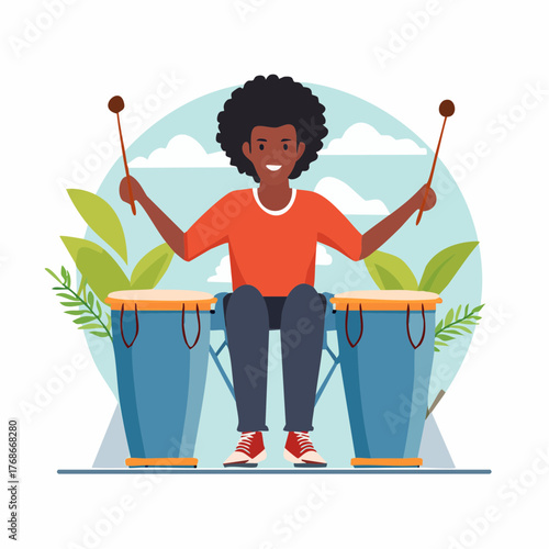 Percussionniste, musicien noir, coupe Afro, isolé sur fond blanc, congas 