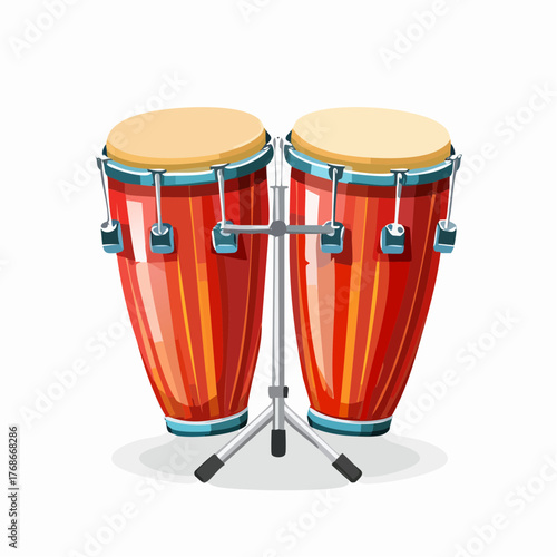 Paire de Congas, percussions, couleur rouge orangée laquée, isolé sur fond blanc