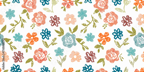 Charming hand drawn floral pattern with a vintage textured feel in soft pastel colors