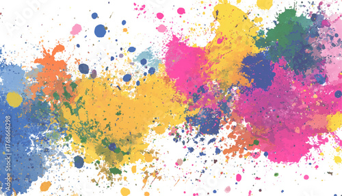 Colorful splashes of watercolor paint form an abstract design. Abstract art of colorful paint splatters on a white background. Rainbow paint splatter banner, white background, design