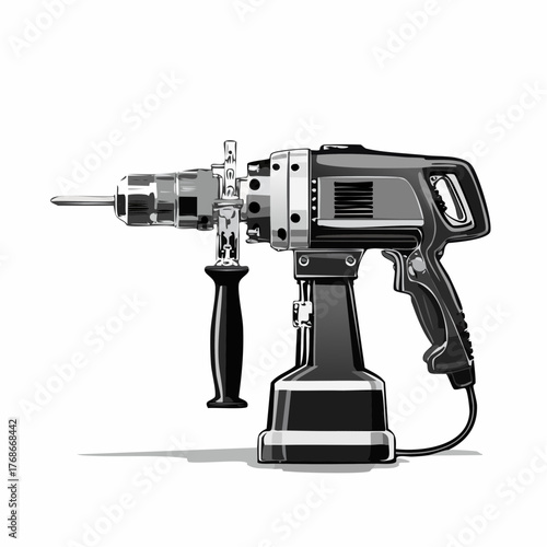 Perceuse à percussion, design moderne, précis, noir et blanc, isolé sur fond blanc 