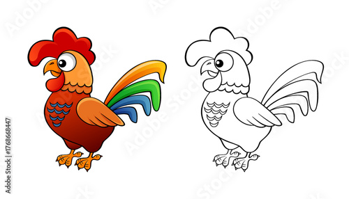 Rooster. Cartoon cock. Black and white vector illustration for coloring book with example in color
