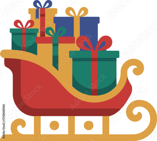 A red christmas sleigh filled with colorful gift boxes tied with ribbons on a white background scene