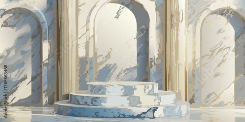 Abstract architectural stage with marble textured podium and arched openings bathed in soft light