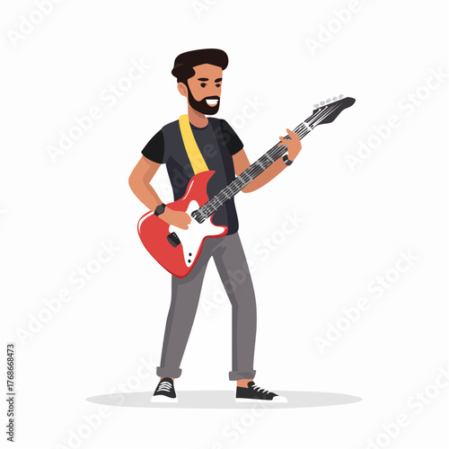 un guitariste joue avec sa guitare électrique rouge et blanche, barbu, caucasien, trentenaire, isolé sur fond blanc