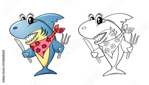 Cute cartoon shark with fork and knife. Black and white vector illustration for coloring book with example in color
