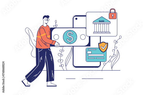 Each illustration is outlined with clean lines and includes subtle decorative elements like plants or icons (e.g., money, books, or hearts). The image is ideal for use in Adobe Stock as a versatile se