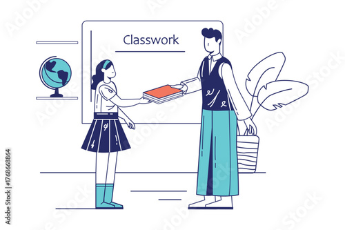 Each illustration is outlined with clean lines and includes subtle decorative elements like plants or icons (e.g., money, books, or hearts). The image is ideal for use in Adobe Stock as a versatile se