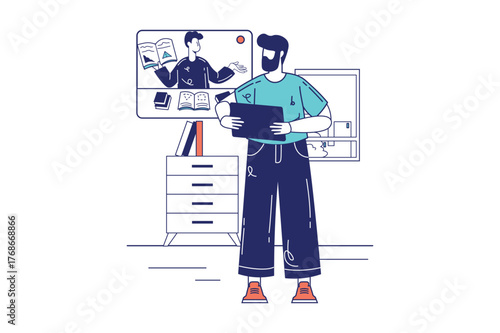 Each illustration is outlined with clean lines and includes subtle decorative elements like plants or icons (e.g., money, books, or hearts). The image is ideal for use in Adobe Stock as a versatile se