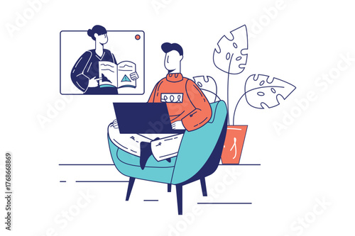 Each illustration is outlined with clean lines and includes subtle decorative elements like plants or icons (e.g., money, books, or hearts). The image is ideal for use in Adobe Stock as a versatile se