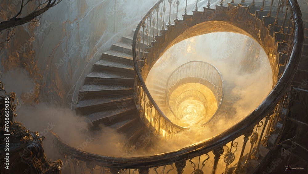 Fototapeta premium Mysterious Spiral Staircase with Ethereal Lighting and Fog Effects.
