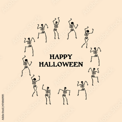 The wreath of A dance of skeletons surrounded by stars. Drawing on the theme of Halloween in doodle style. Vector illustration