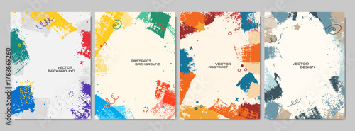 Vector illustration. Bright background. Paint brush strokes and hand drawn doodle elements. Trendy abstract color design for book cover, brochure, magazine, poster, flyer. Vintage retro style