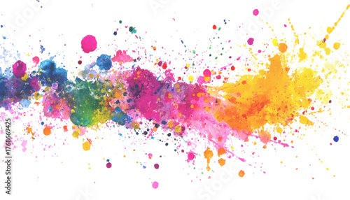 Colorful splashes of watercolor paint form an abstract design. Abstract art of colorful paint splatters on a white background. Rainbow paint splatter banner, white background, design