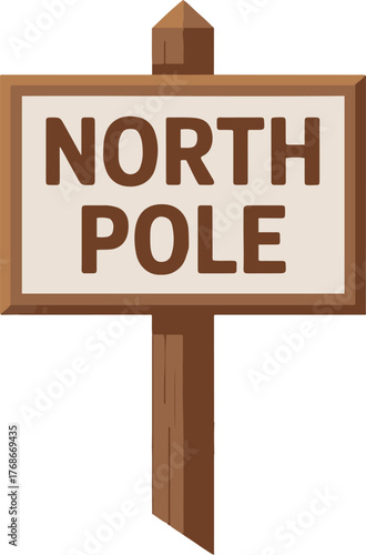 Illustration of a north pole sign with snow capped mountains in the background and light blue sky